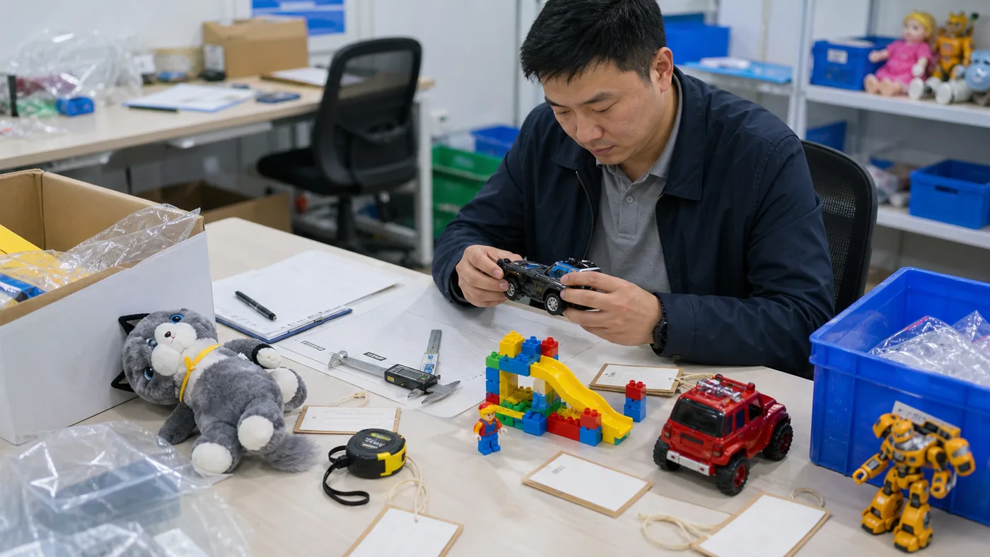 Toy samples checklist before bulk production in a China sourcing QC room